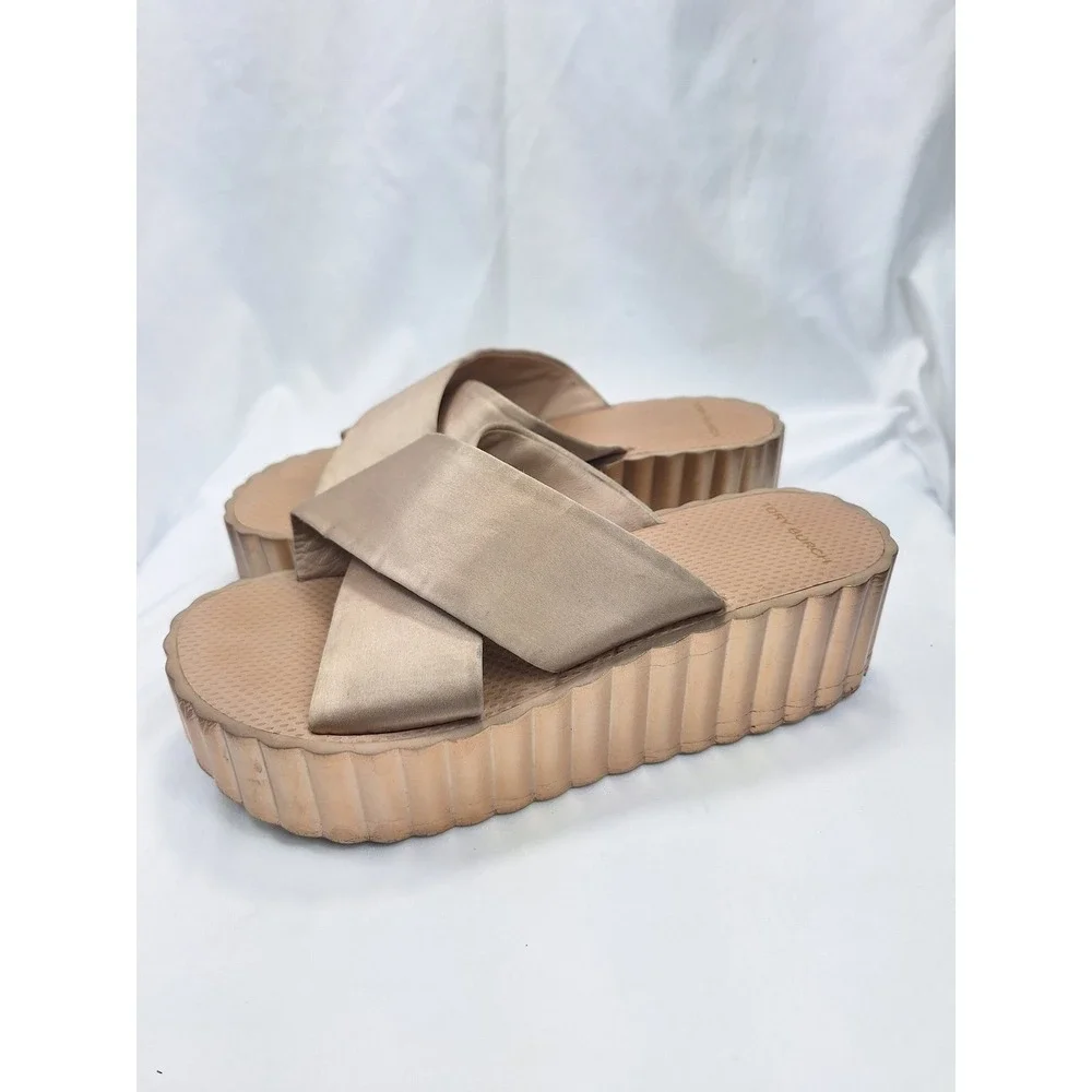 Tory Burch Metallic Gold Platform Slide Sandals Crisscross Straps 5595 Women 10M